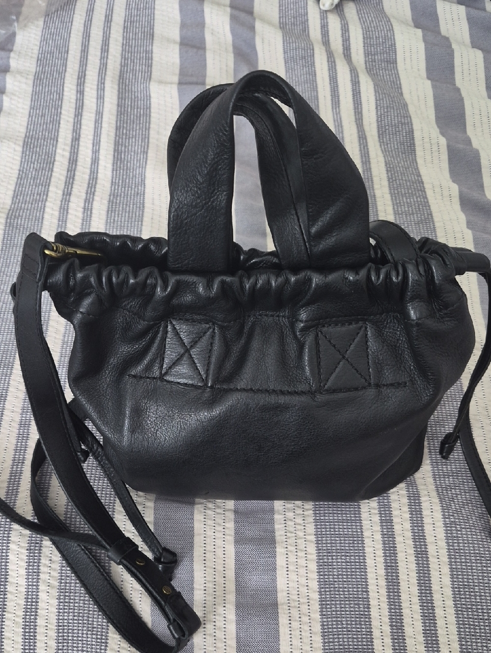 J CREW/MADEWELL Black Leather Drawstring Top Handle Bag